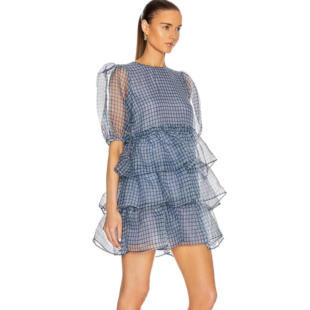 Ganni Blue Checked Tiered Mini Dress